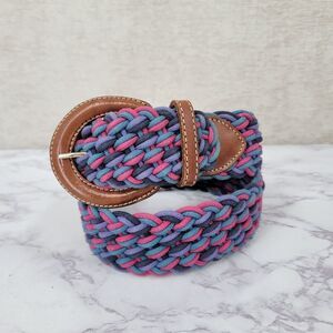 Vintage L.L. Bean Braided Cord Belt Pink Teal Navy Leather Buckle